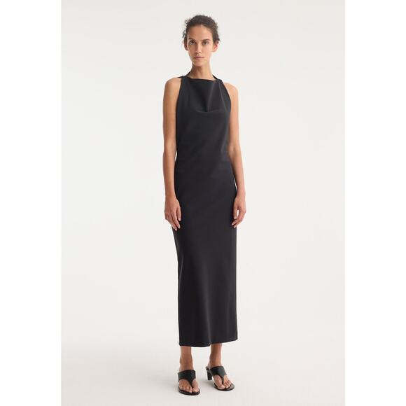 ROHE Black Open Back High Neckline Tie Strap Detail Floor Length Back Slit Dress - Picture 3 of 16
